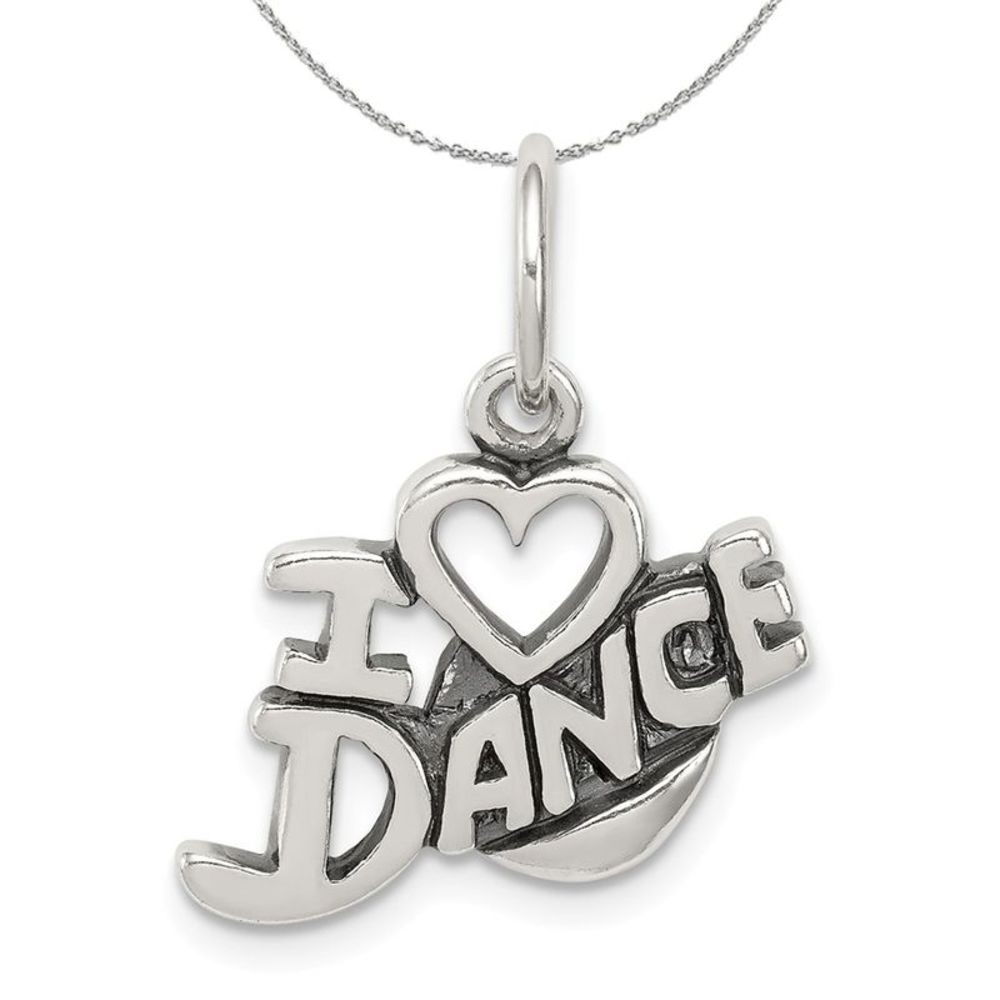 Sterling Silver Antiqued I Heart Dance Script Charm Necklace - 16 inch